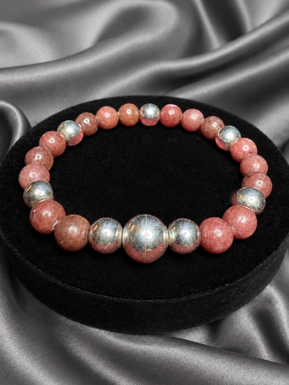 Bracelet Rhodonite Gemstone Sterling  Silver Beads Magnetic Closure